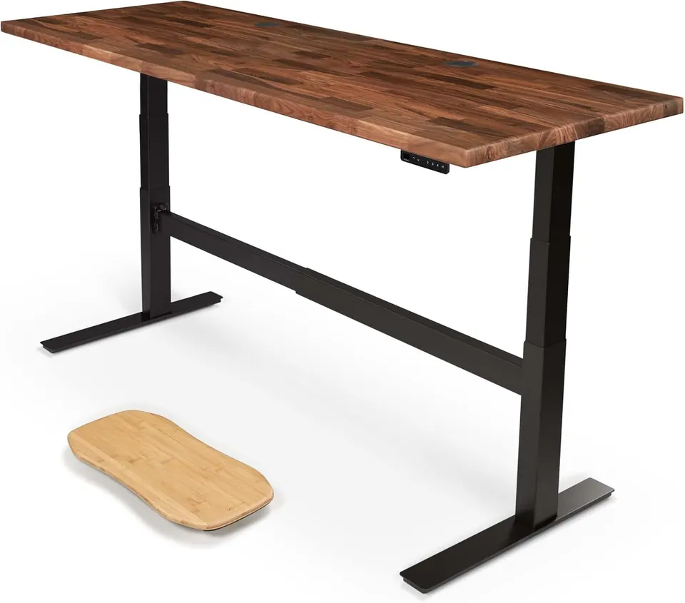 Uplift Desk Walnut Butcher Block (80 x 30 inch) Standing Desk 2-Leg V2-Commercial Adjustable Stand Up C-Frame (Black), Advanced Keypad, Wire Grommets, Wire Tray, Rocker Board